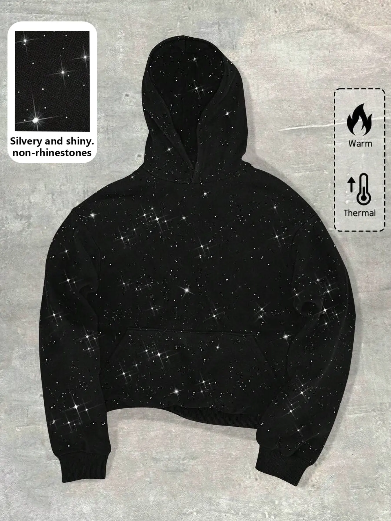 American Style Silver Starry Sky Short Hoodie, Unisex Warm Fleece Pullover, Dark Y2K Millennium Fashion, Fall Winter Couple Outerwear