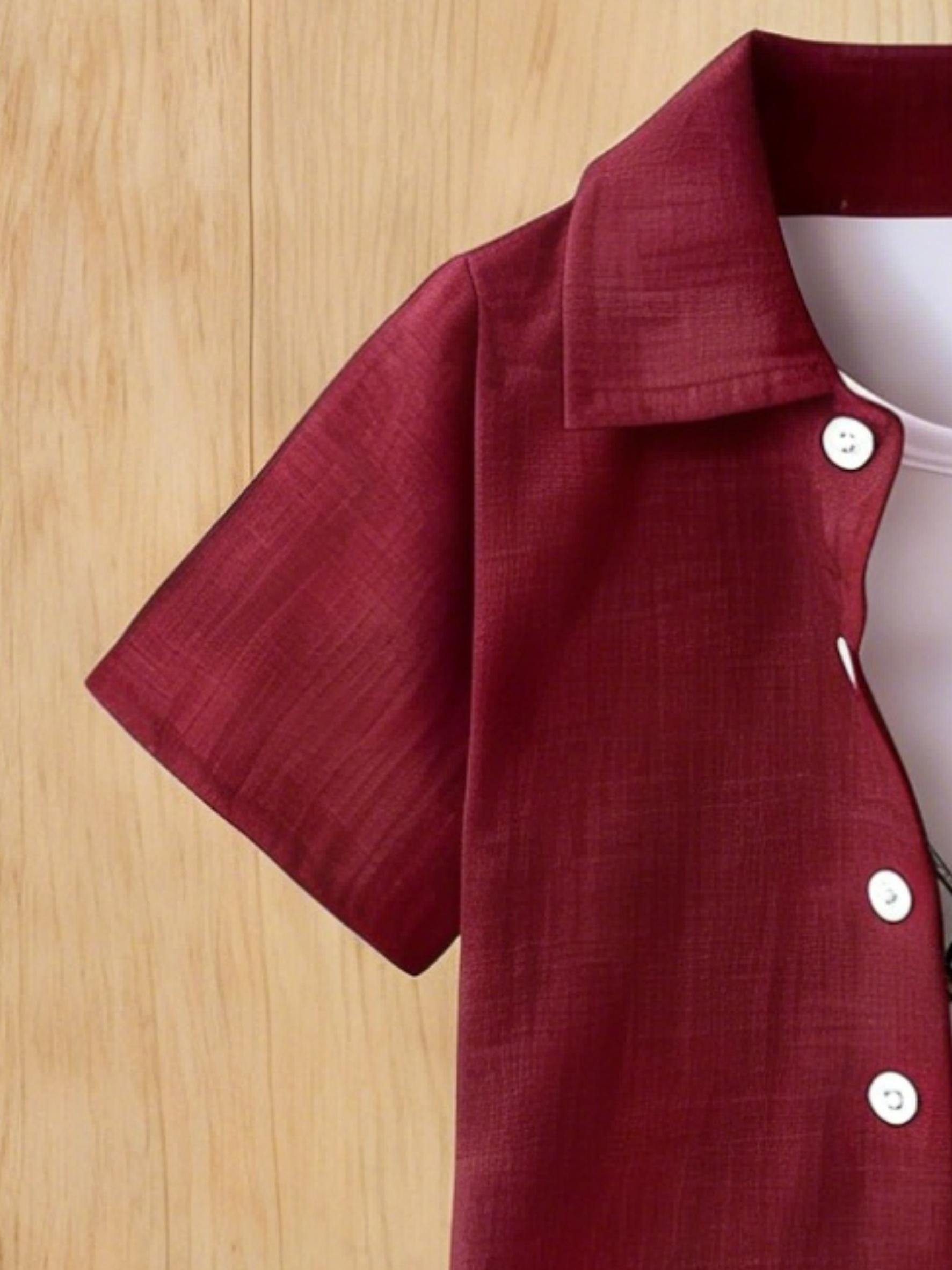 Randomly 1 Set, 2pcs, Boys' Shirt And Shorts Set, Featuring A Checkered And Striped Pattern with Printed Stitching, Fashionable And Trendy, Versatile, 3-12Y Teen Boy Clothing, Casual Wear, Outdoor Sports, Easter Giftr, Polyester, Perfect for Outdoor