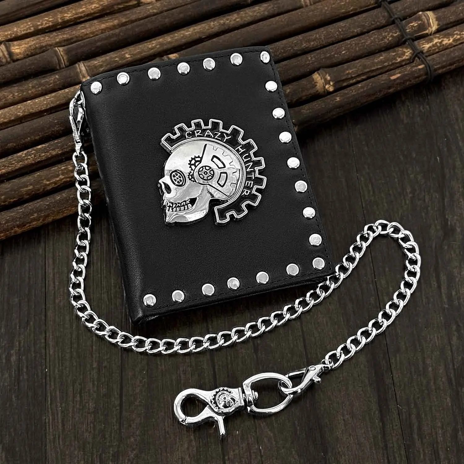 Mens Punk Rock Leather Wallet Skull Purse with Chain