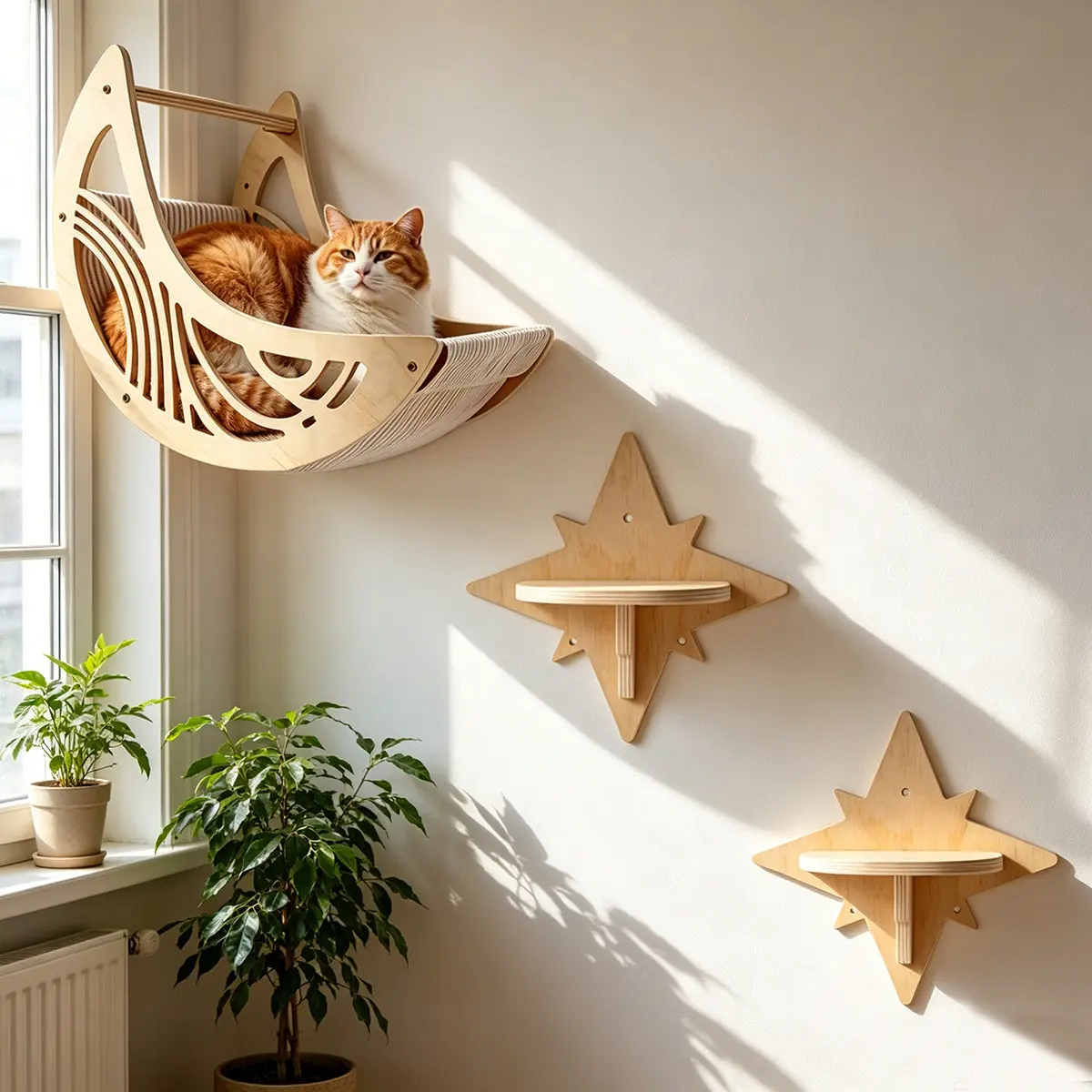 Wall-mounted openwork moon-shaped cat hammock, cat climbing steps, wooden cat tree, indoor cat wall furniture for kittens and adult cats to play, sleep, and rest