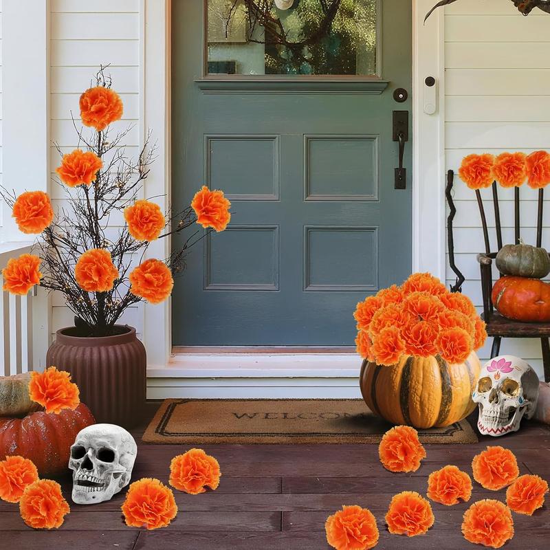100 count Marigold Flower Heads with Stems  Artificial Cempasuchil  for Dia de Los Muertos Altar, Day of The  Decorations, Halloween, Mexican Party, DIY Garland & Wreath DecorOrange