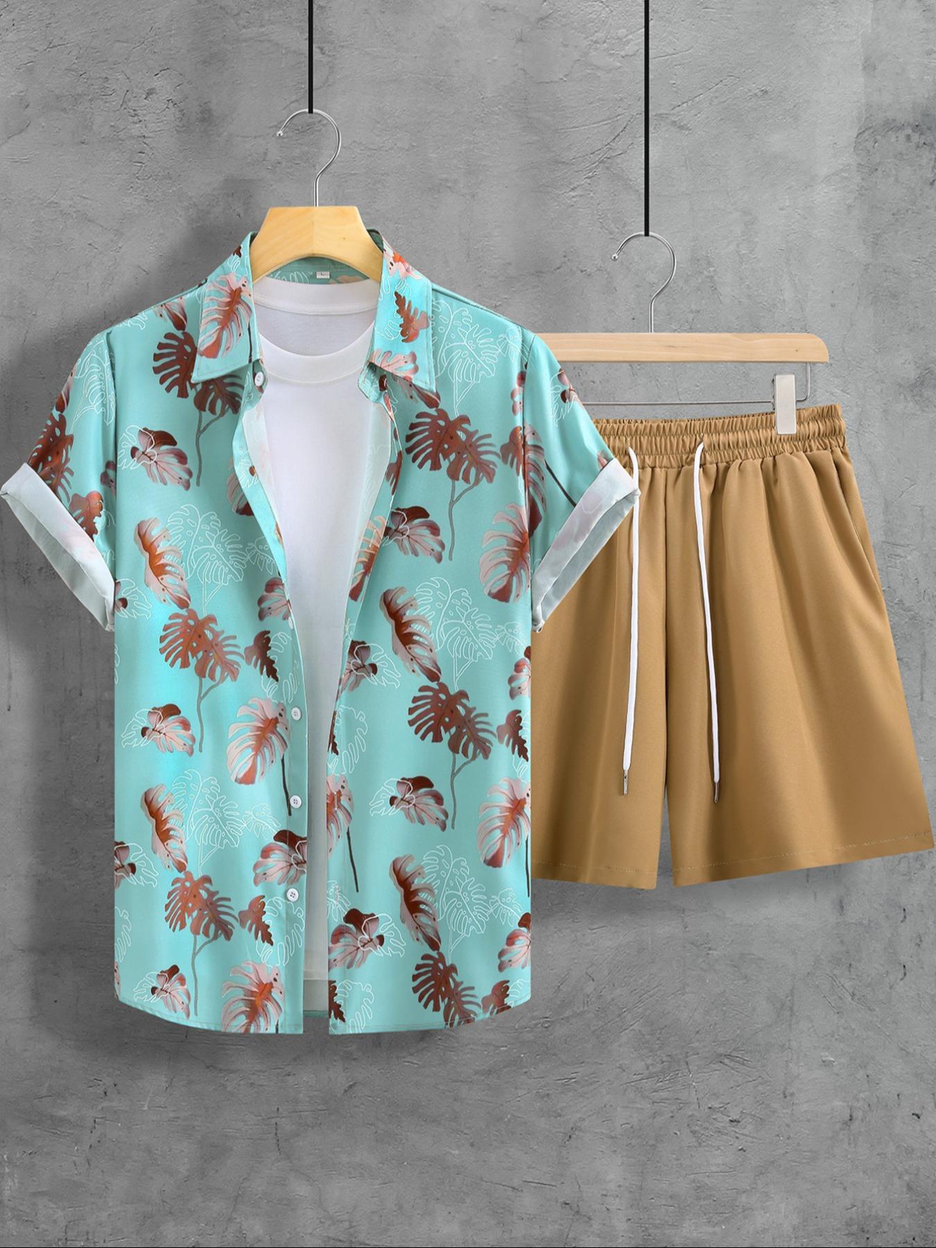 Men's Tropical Coconut Tree Print Shirt & Shorts Set, Regular Fit Casual Short Sleeve Button Up Top & Drawstring Waist Shorts, Men's Summer Outfits