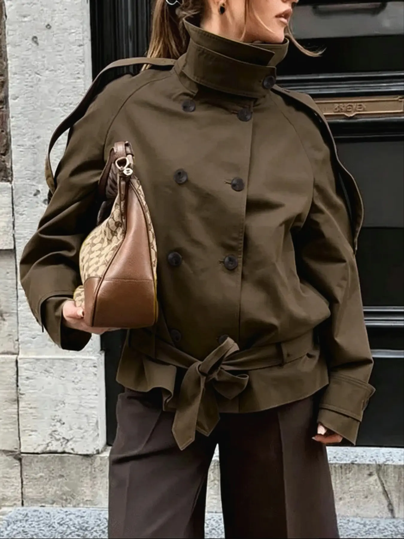 Women's Solid-Color Woven Trench Coat – Loose French-Style Workwear with Stand Collar, Tie-Waist, and Double-Breasted Button Closure