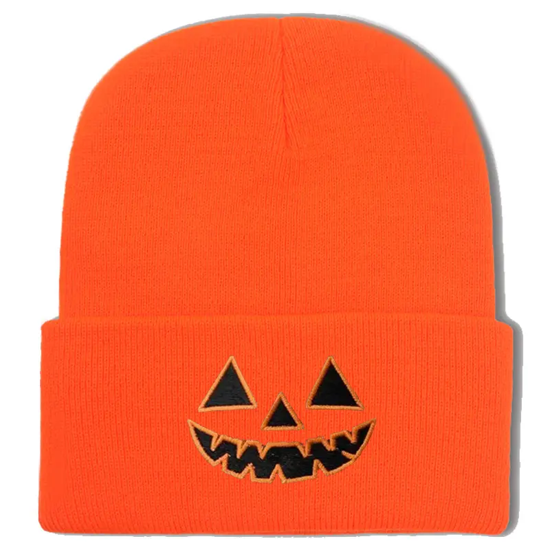 Orange Knit Halloween Pumpkin Beanie Hat, Vintage Embroidered Jack O Lantern Cuffed Skull Cap, Soft Warm Winter Toboggan for Costume Party & Outdoor