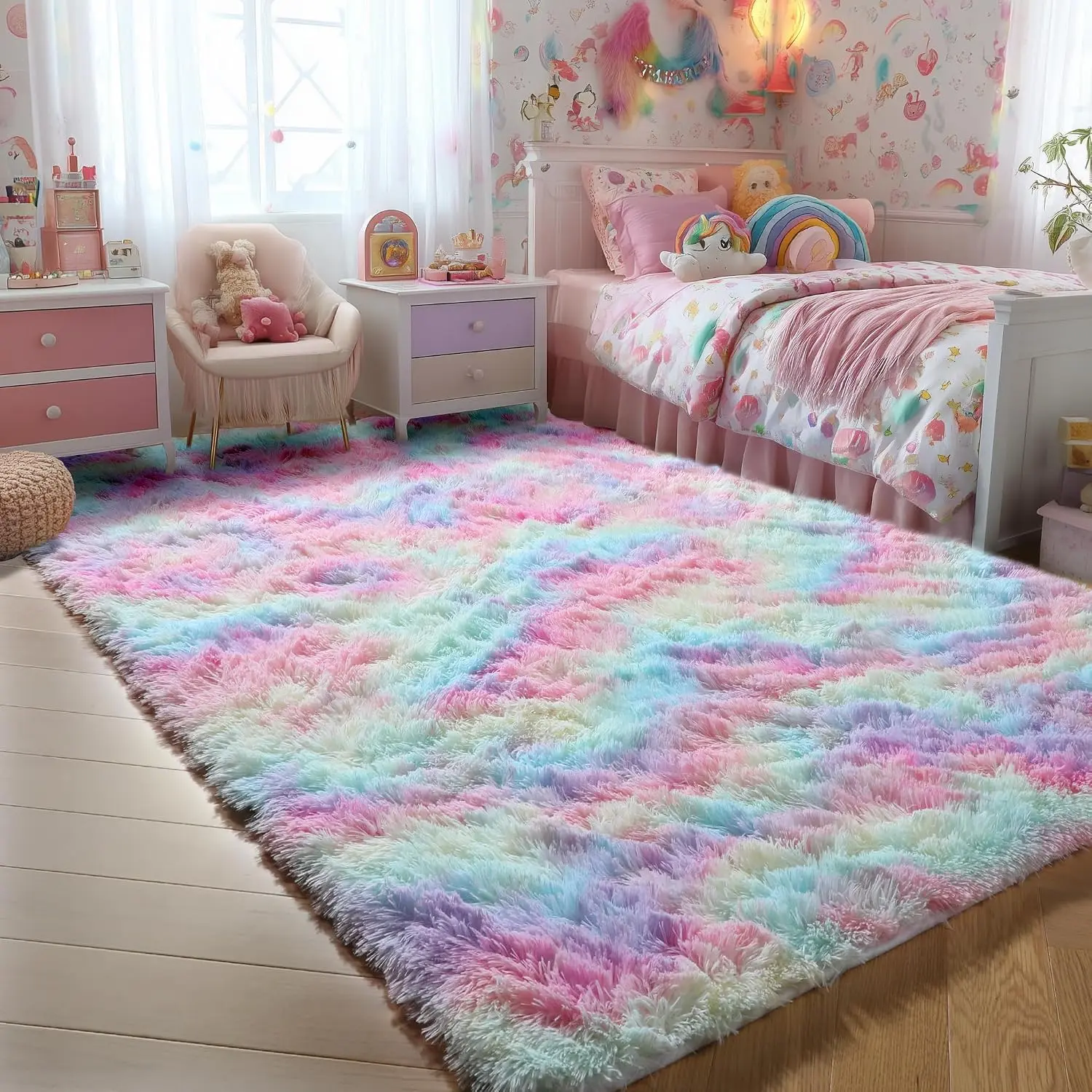 3x5 Fluffy Vibrant Rainbow Rug, Bedside Preppy Dorm Area Rug for Girls Bedroom,Pink Shaggy Kawaii Rug for Kids Room,Nursery,Toddler's Room,Cute and Colorful Room Decor for Kids