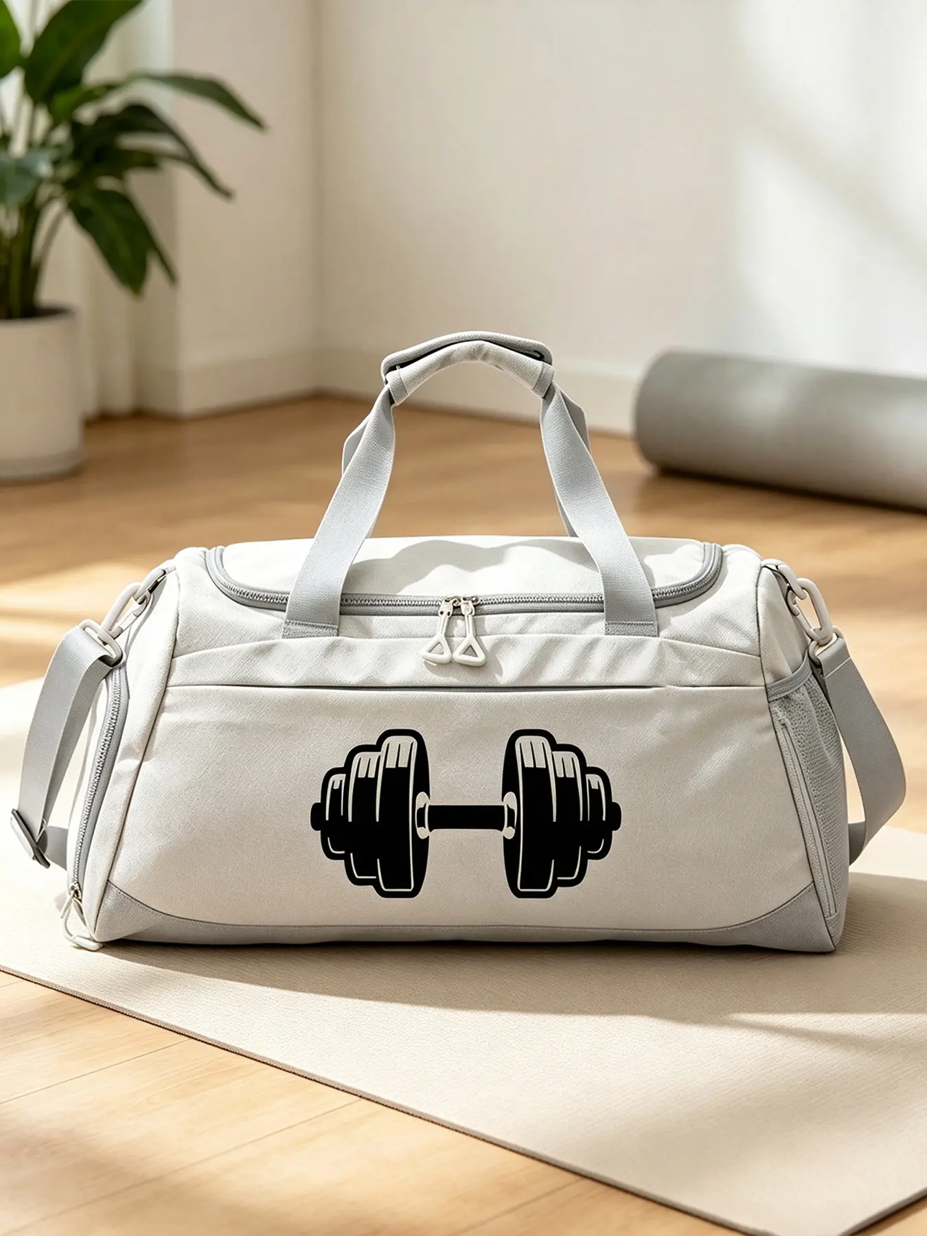 Dumbbell print gym bag with wet and dry separation design, training sports duffel bag, portable short travel bag, Multifunctional Sports Bag. Spacious for men and women, also usable as swimming bag.