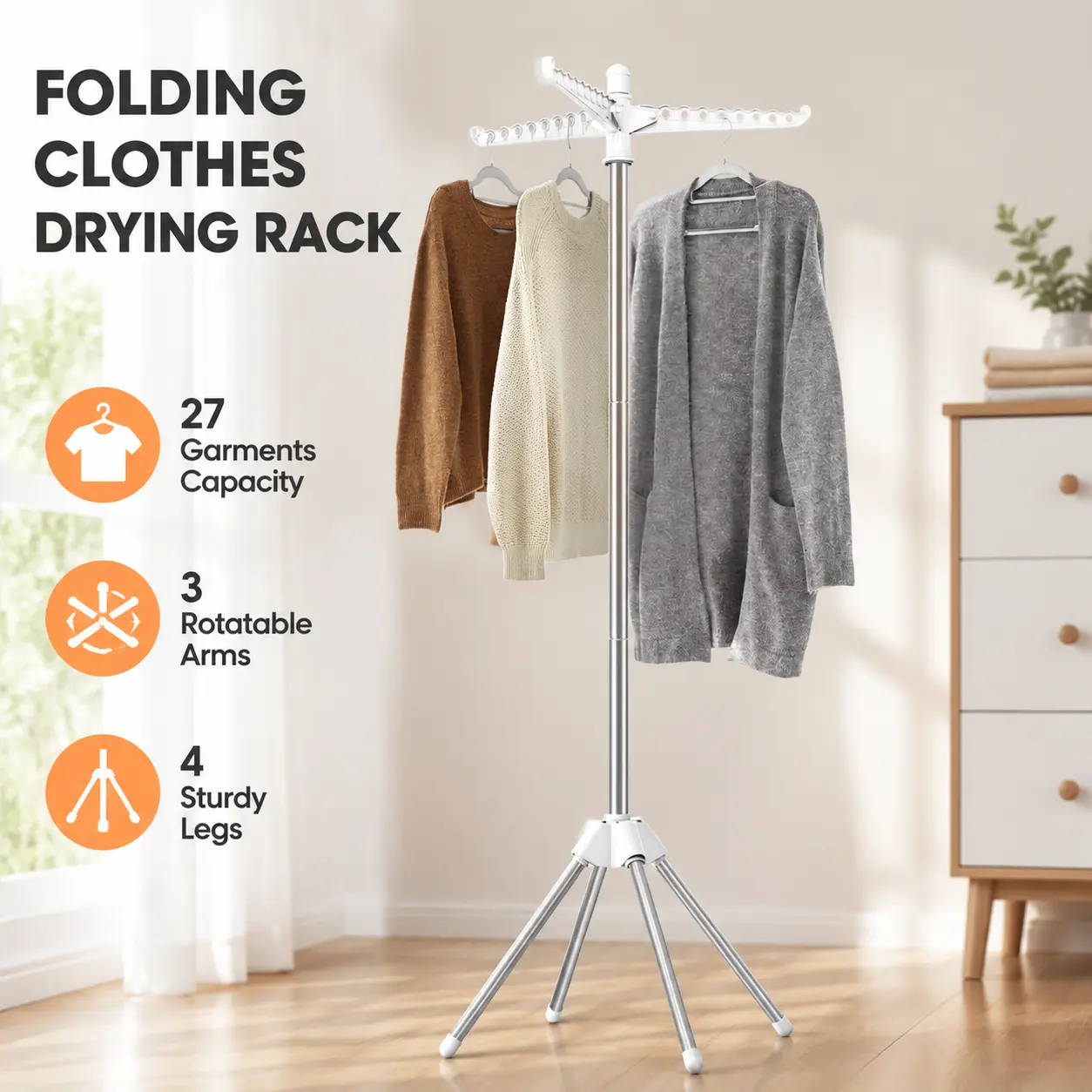 59-Inch Compact Fold-Up Stainless Steel Frame Clothes Drying Rack, Home Accessories, 3 Rotating Arms, 4 Legs, White & Silver, Holds 27 Garments for Indoor Laundry Room Storage Organization, Functional