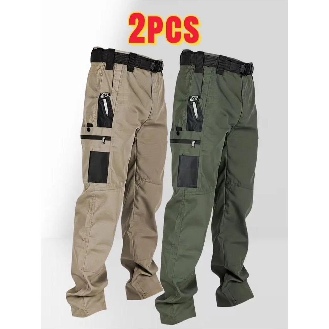 Men's 2-Pack Solid Color Tactical Cargo Pants, Multi-Pocket Design with Zipper Closure, Durable Outdoor Training Trousers, Available in Multiple Colors, Ideal for Outdoor Activities, Hiking, Camping and More, 230 GSM Men's Pants