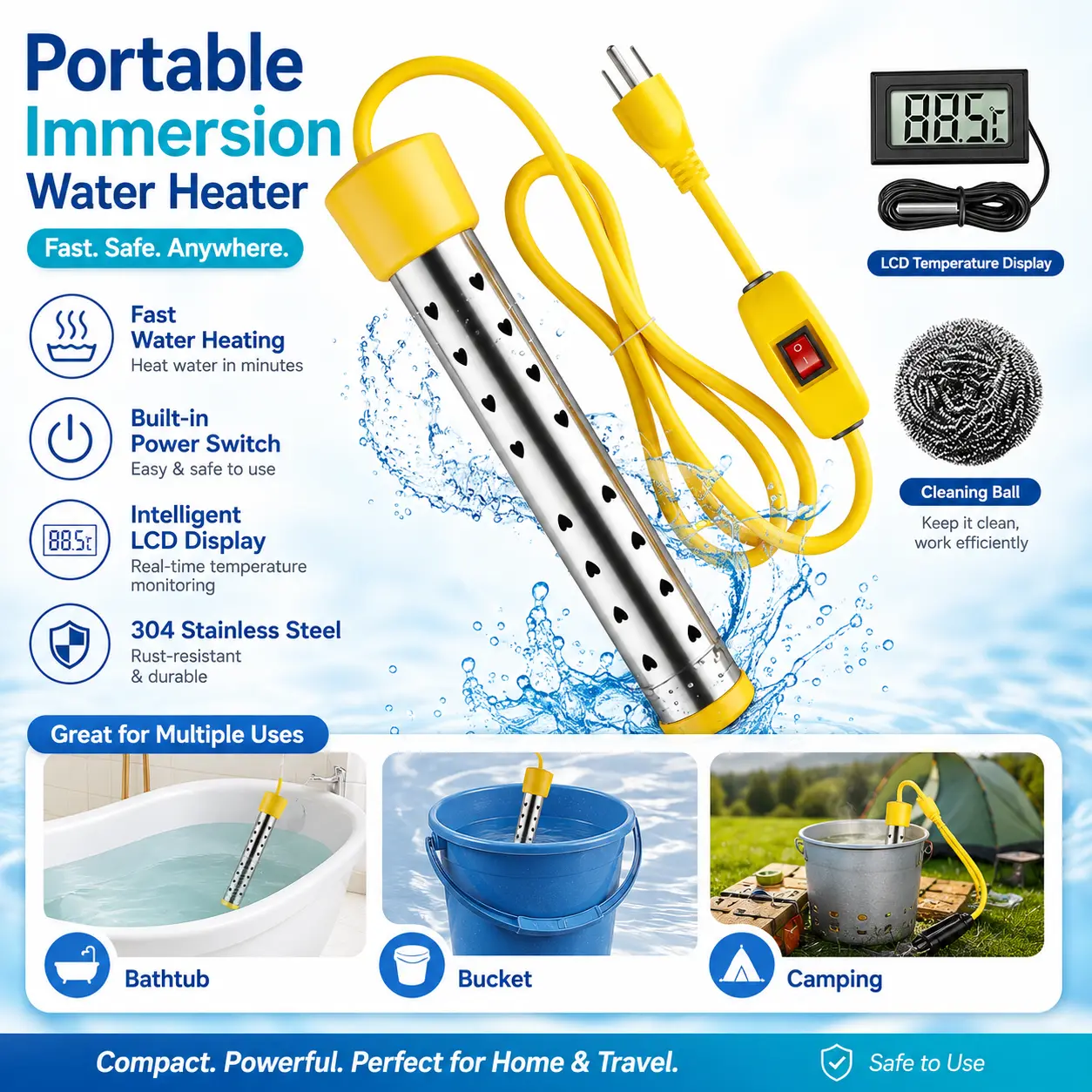 Portable Electric Immersion Water Heater with Switch & Intelligent LCD Display - Fast Efficient Heating for Bathtub, Outdoor Swimming Pool - Specialty Kitchen Utensil for Camping Trips