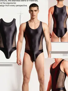 Men's Sleeveless Patchwork Mesh Breathable Slim-Fit Bodysuit, Sexy All-Seasons Unlined Garment, Lightweight Design Under 88.2g/m²