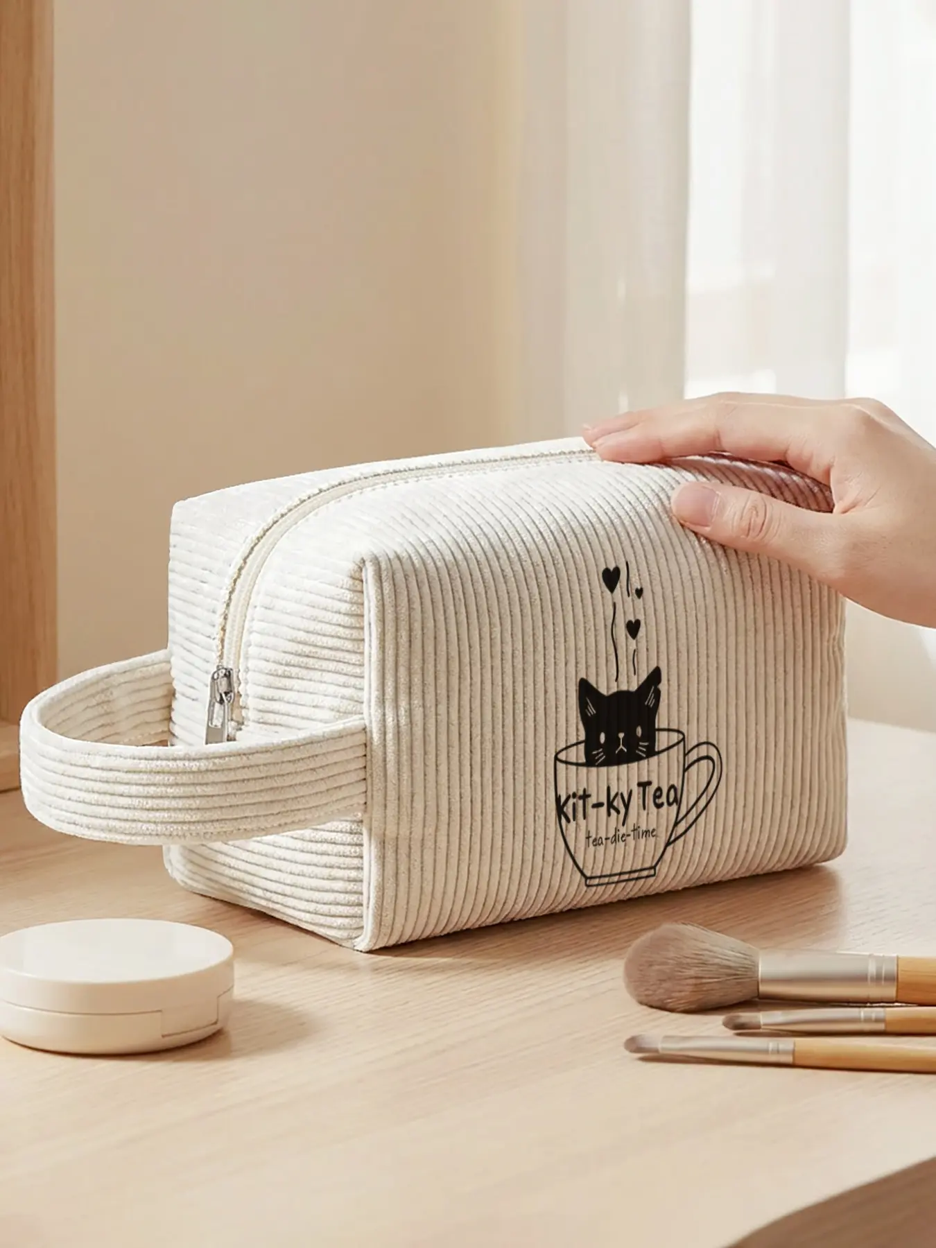 1pc, makeup bag Black cat & teacup cat tea time 2D printed pattern Linen fabric handbag for makeup, reinforced handle + smooth zipper | Stores makeup / toiletries | Versatile for daily outings