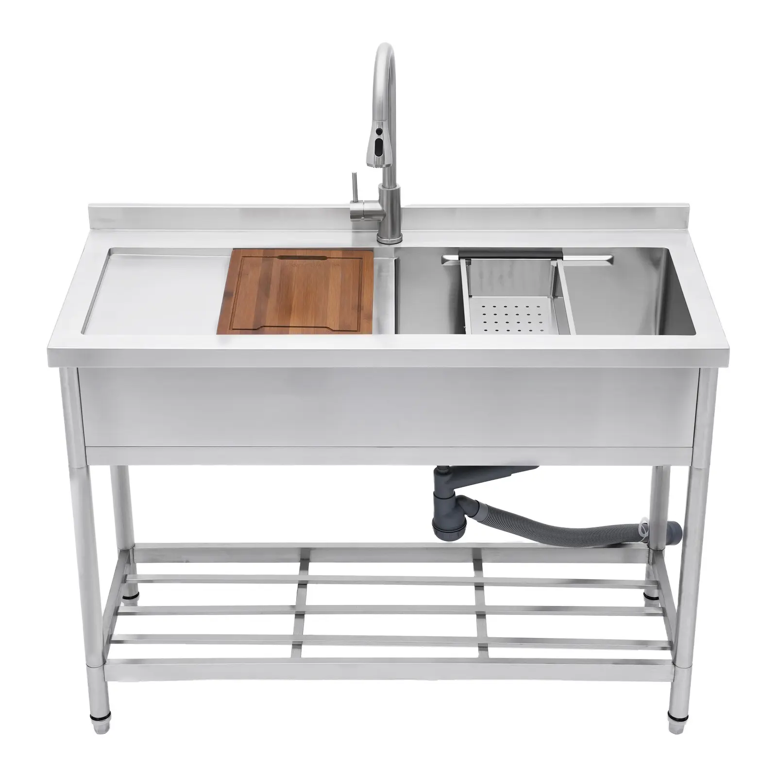 ARCH 47.2" Heavy-Duty Stainless Steel Freestanding Single Basin Sink with Faucet, 9" Deep Basin, Brushed Nickel Finish, for Outdoor Laundry Garage, Includes Cutting Board and Colander, Includes Faucet