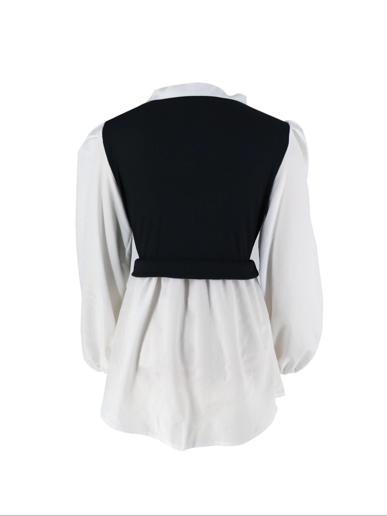 Women's Colorblock 2 in 1 Fitted Long Sleeve Button Collared Blouse Shirts, Casual Button Front Bishop Sleeve Collar Top for Spring & Fall, Women's Clothes for Daily Wear, Vintage 90s Tops