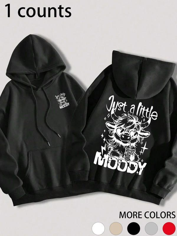 Women's Cartoon Highland Cow Print Hoodie, Casual Thermal Lined Long Sleeve Hooded Sweatshirt for Fall & Winter, Women's Clothes for Daily Wear