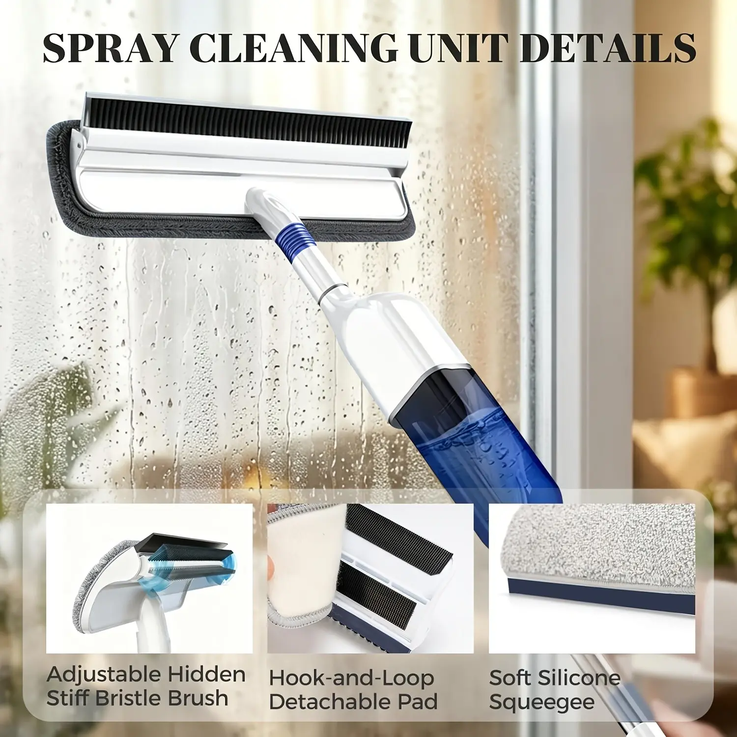 3-In-1 Spray Squeegee Mop Magic Water Scraping Mop with Water Tank 360° Rotating Head Wiper for Floor Glass Window Wall Cleaning