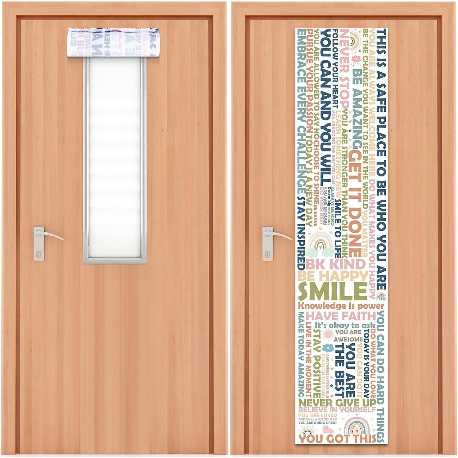 2 count Boho Inspirational Classroom Door Window Cover Positive Door Curtain Classroom Decor Blackout Lockdown Shades Window Covering Darkening Blackout Roller Shades Room  to School Supplies