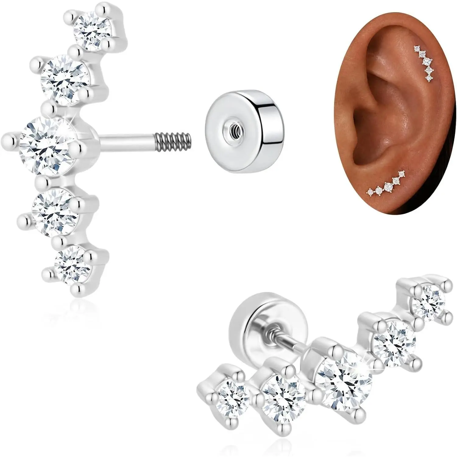 Surgical Steel Helix Earrings for Women Flat Back Stud CZ Ear Crawler