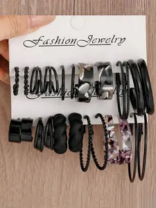 12 Pairs Classic Black C-Shaped Earrings Set, Includes Plate Pattern & Bar Element Big Hoop Earrings, Make You More Beautiful & Confident, Suitable For Daily Wear, Festivals, Gifts (Mother's Day, Girlfriend, Sisters), Banquets