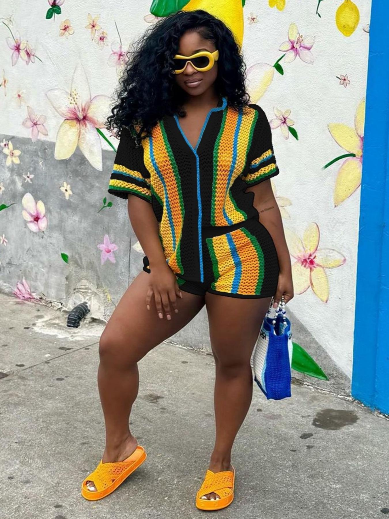 Women's Colorblock Striped Print Short Sleeve Knit Top & Shorts Two-piece Set, Casual Vneck Shortsleeve Knit Top & Shorts for Summer, Ladies Matching Clothes for Daily Wear, Women's 2 Piece Sets, Loose Womenswear, Cute Two Piece Sets, Everyday
