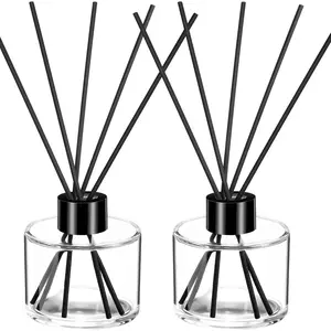 2 Sets Empty Refillable 100ml Round Glass Reed Diffuser Bottles, Fragrance Glass Jars with Black Caps and Rattan Sticks for Home Living Room DIY Fragrance Replacement Decor