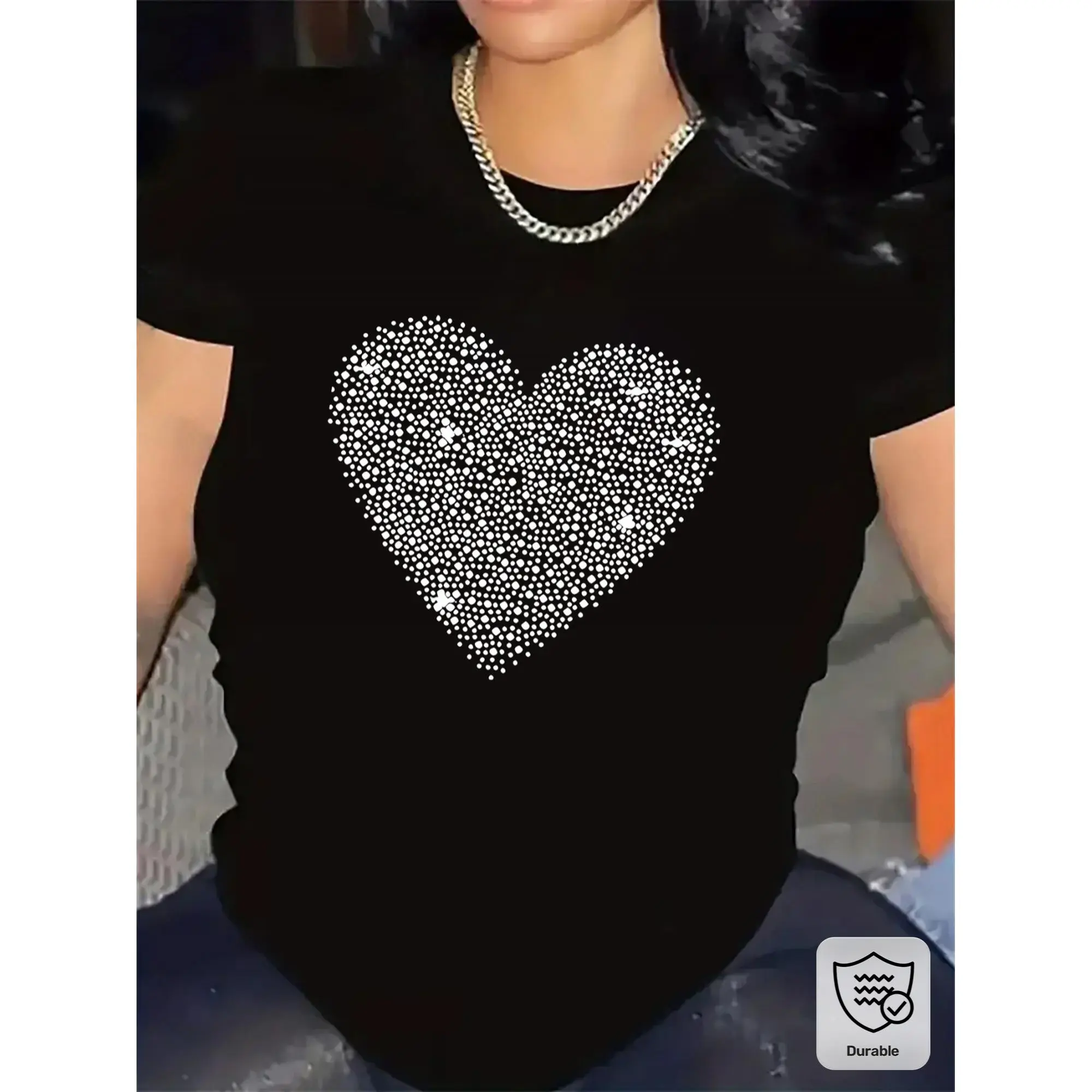 Sparkling Rhinestone Heart Graphic Women T-shirt,100% Cotton Short Sleeve Round Neck Shiny Crystal Hotfix Heart Tee,Loose Soft Breathable Basic Top For Dating Party Daily Street Casual Outfit