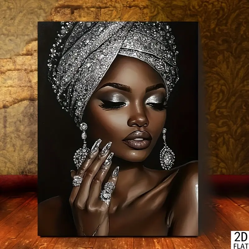 1 Piece Room Decor Art, African Woman With Silver Glitter Embroidery, Canvas Wall Art, 11.8X15.7 Inches, Elegant Decoration Suitable For Bedroom, Office, Living Room, Cafe, Bar, Home And Dormitory, Halloween Decorations, Christmas Decorations