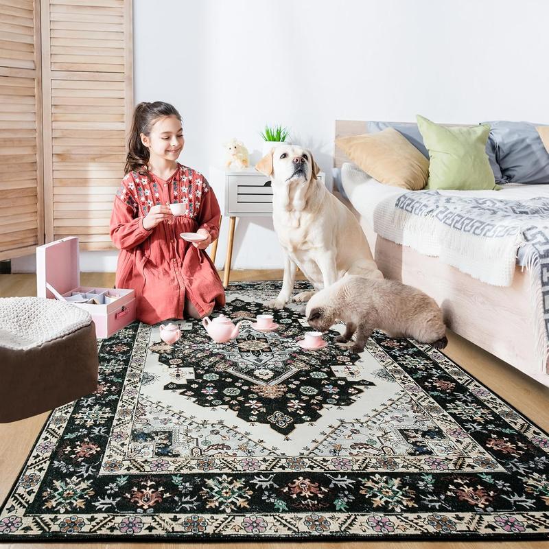 8x10 Area Rugs for Living Room, Vintage Machine Washable Rug,Low Pile Print Large Rug with Rubber Backing Non-Slip Carpet for Bedroom,Kitchen,Dining Room,Home Office,Home Decor,Black,Green, Grey,4x6,5x7,6x9,8x10 Feet
