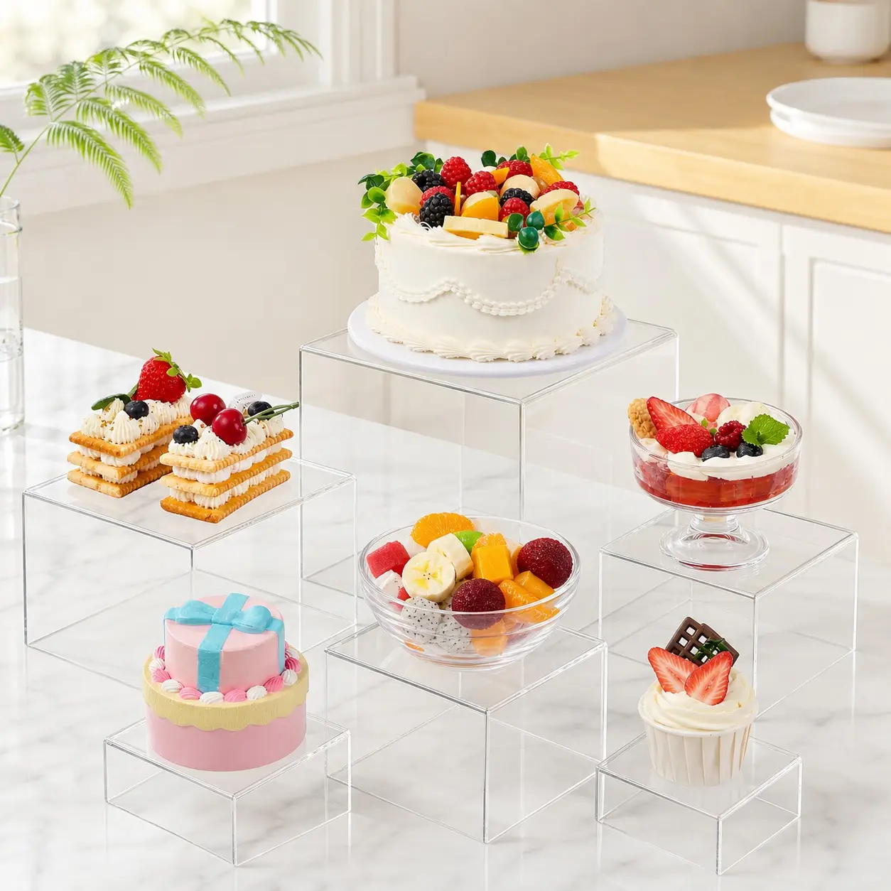 6-Piece Acrylic Square Display Storage Set, Stackable Hollow Base, Multi-Functional Jewelry Dessert Showcase Rack, Organize and Display Efficiently