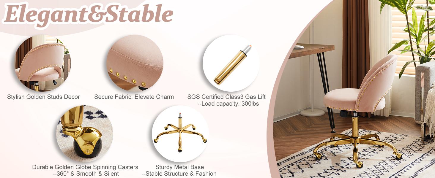VINGLI Modern Velvet Small Office Chair,Cute Desk Chair with Wheels,Gold Base/Studs, Comfy Armless Swivel Vanity Task Chair for Women/Girl/Kids, Nail Tech Chair for Bedroom,Small Space,Pink