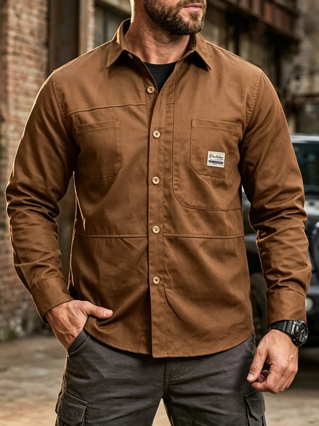 American Workwear Solid Long Sleeve Shirt, Multi-Pocket Loose Fit Retro Hardened Shirt, Durable Breathable for Outdoor Activities