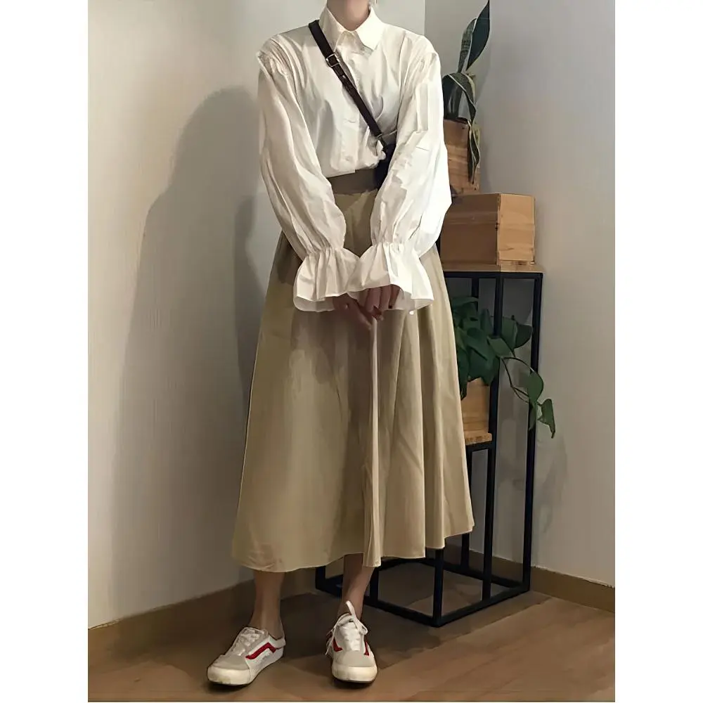 Preppy Puff Long sleeve White Shirt Women Warm Thicken Fleece Basic Tops Lady Ruffle Polo Neck Casual Blouse Oversize Chiffon
