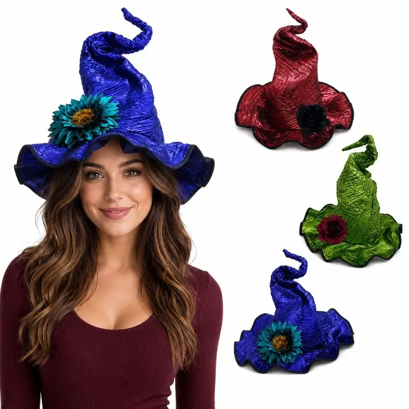 Crushable Metallic Witch Hat for Women, Glossy Floral Costume Accessory with Twisted Tip for Halloween Parties & Cosplay, Magical