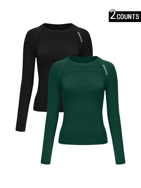 Women's Letter Print Baselayer Top, Long Sleeve Round Neck Compression Top for Yoga Gym Workout, Ladies Sportswear for Fall & Winter, Athletic Compression Shirt