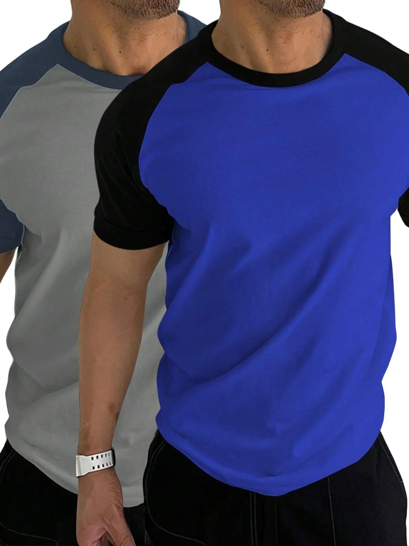 Men's Fashion Patchwork Color Block Short Sleeve T-Shirt Set, Casual Fashion Wear, Casual H-Type Fitted Top, Two-Piece Pack, No Button or Zipper