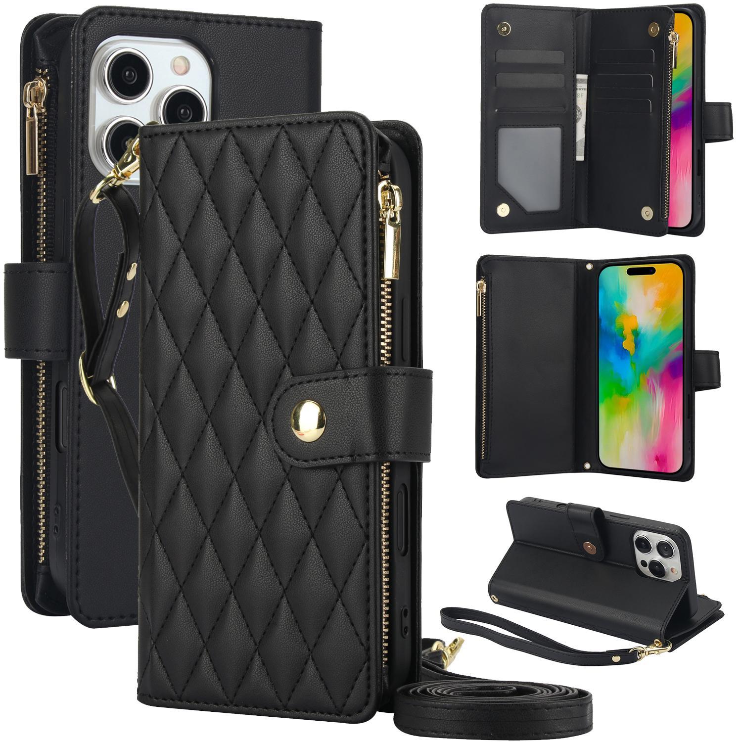Quilted Pattern Phone Case with Card Holder, Adjustable Crossbody Zipper Purse Case with Kickstand and Detachable Wrist Strap, Flip Folio Case for iPhone 17 Air/16e/16/15/14/13/12/11 Pro Max