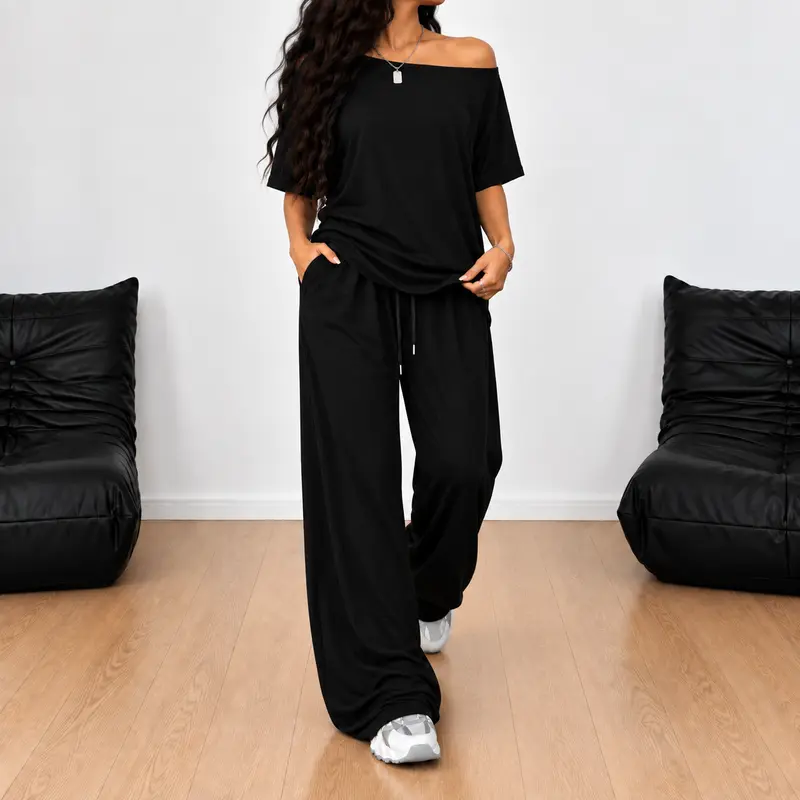 Women's Off Shoulder 2 Piece Lounge Set, Loose Short/Long Sleeve Top & Wide Leg Drawstring Pants, Casual Matching Set for Women, Soft Stretchy Travel Airport Outfit, Daily Wear, Weekend, Vacation, Streetwear, Fall Fashion, Y2K Relaxed Chic Style