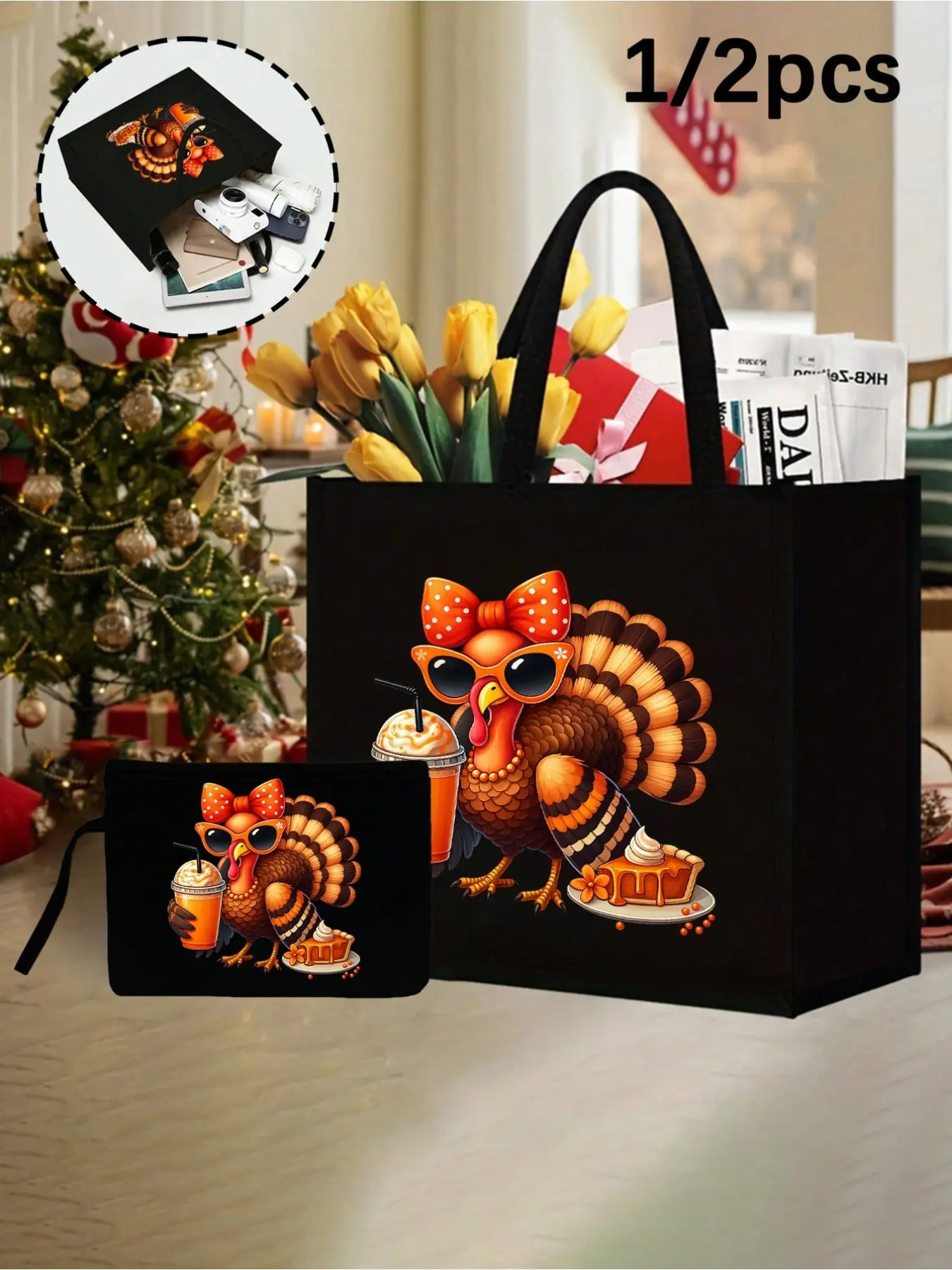 Thanksgiving and Christmas Turkey Sunglasses and Milk Tea Print Handbag Set, Large Reusable Shopping Bag, Festival Gift, Grocery Bag, Party Gift