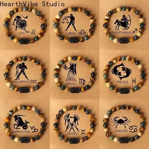 12 Zodiac Signs Constellation Charm Bracelet, Tiger Eye Stone Beaded Jewelry