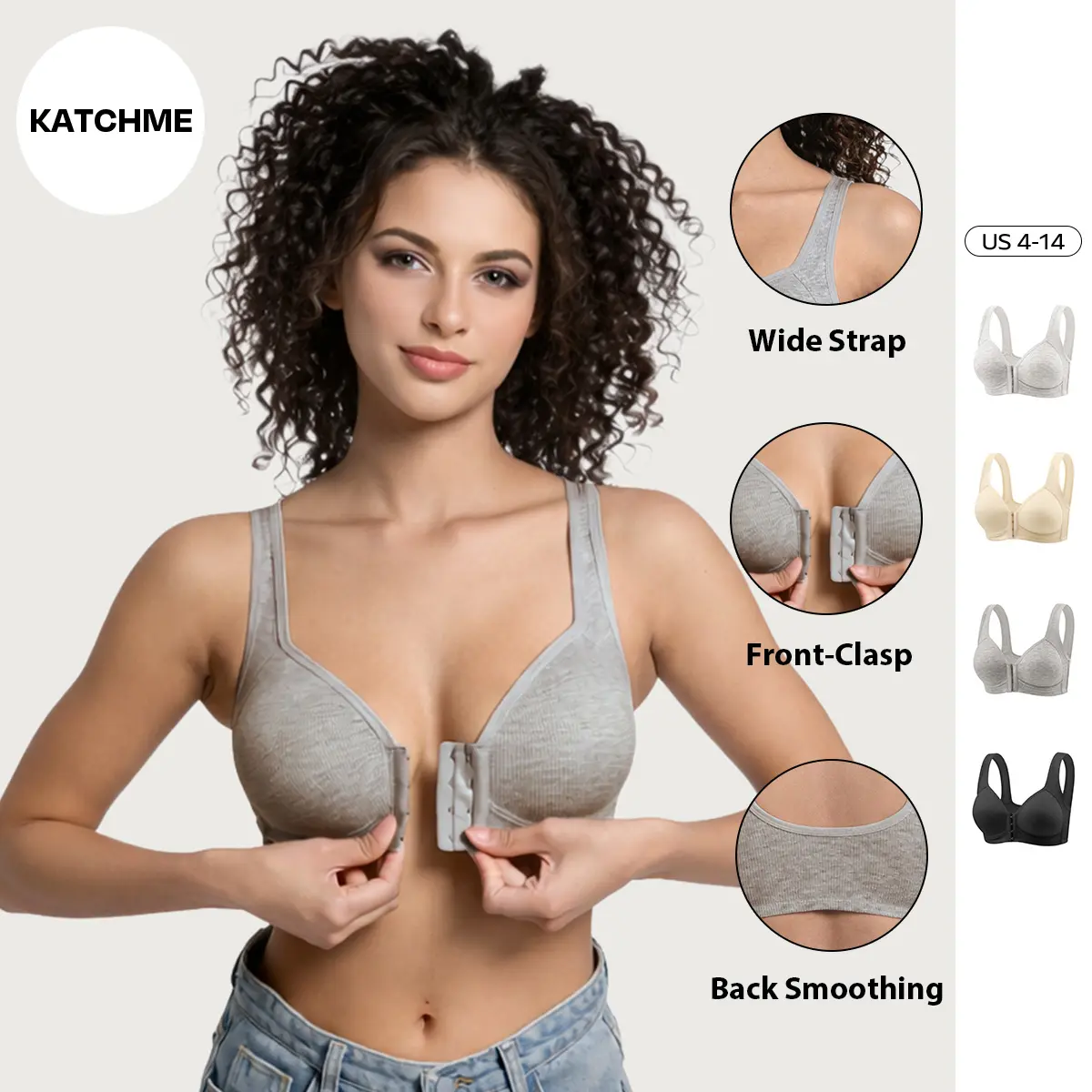 KATCH ME COZY Women's Versatile Solid Color Wide Strap Front-Clasp Wirefree Bra, Soft Full Coverage Push-Up Bra, Basic Back Smoothing Bra