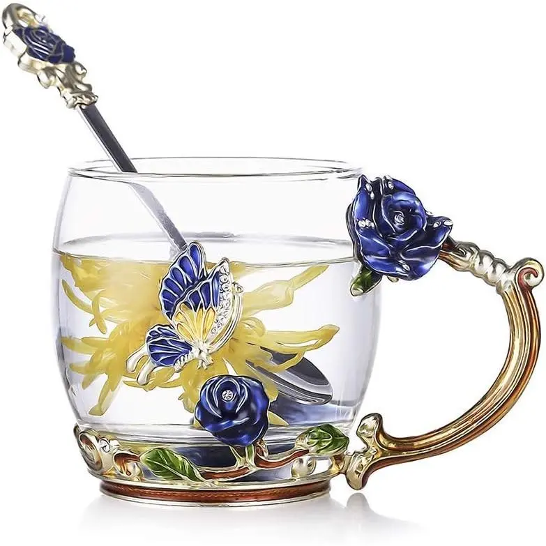 Classic Stylish Sturdy Translucent Modern Enamel Butterfly-Flower Glass Coffee Mug with Steel Spoon, Personalized Gift for Women for Birthday, Valentine’s Day (Blue)