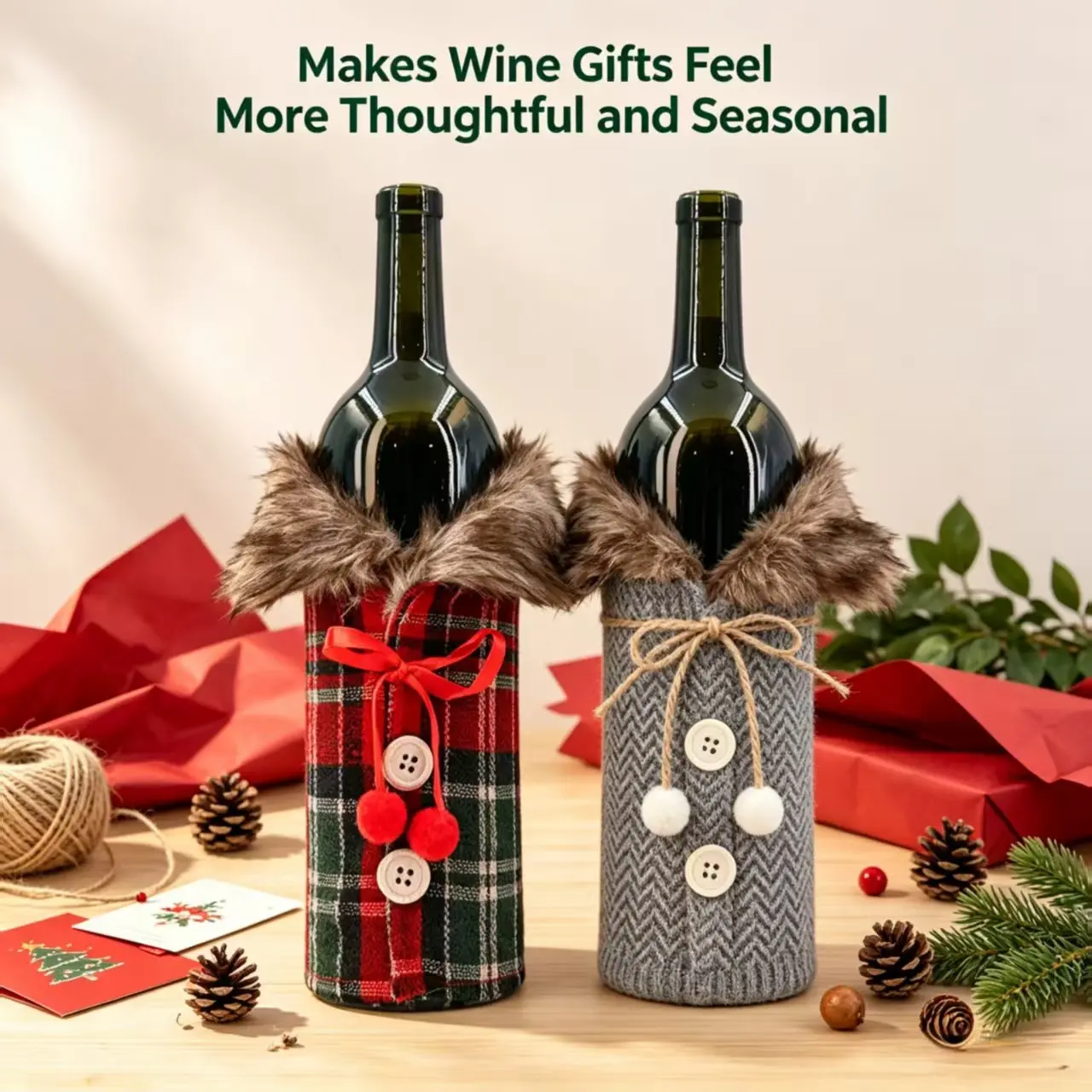 Christmas Plush Collar Fabric Wine Bottle Covers, Universal Holiday Table Setting Decor, 4 Pcs Set for Home Gatherings and Bar Displays