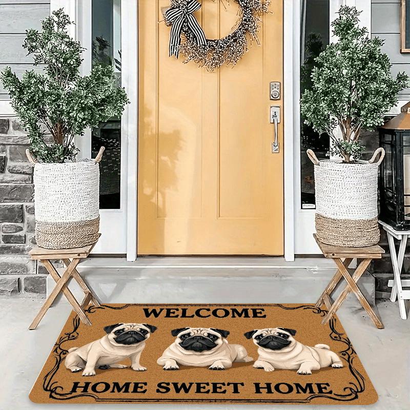 Adorable Pug Welcome Mat Soft Flannel Material Thick Pile 0.4 Washable Polyester Rectangular Shape Machine Washable Home Decor Entryway Pet Mat Anti-Slip Features