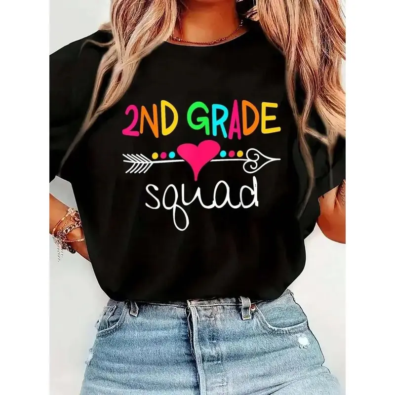 2nd Grade Squad Second Teacher Student Team Back To School T-Shirt Print T-Shirt Casual Crew Neck Short Sleeve Comfort Tee Top For Spring & Summer Women's Clothing