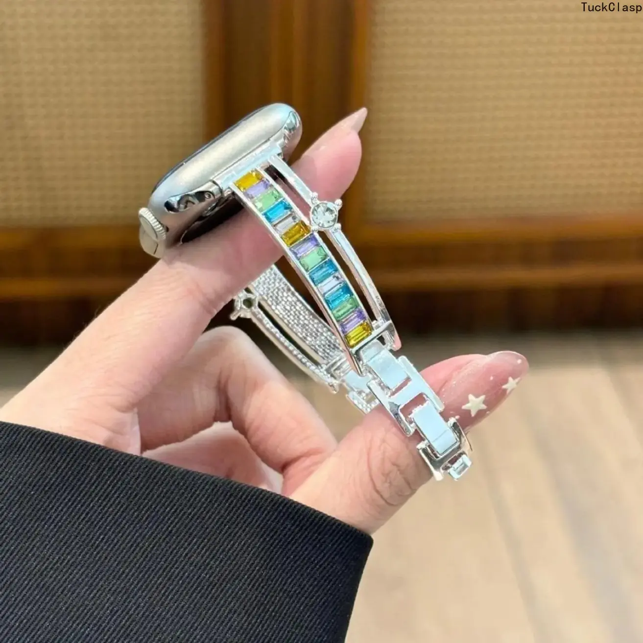 Luxury Multicolor Rhinestone Metal Watch Band, Elegant Bling Jewelry Bracelet Strap Compatible with Apple Watch Series 2 3 4 5 6 7 8 9 10, All Sizes 38/40/41/42/44/45/49mm, Shiny Women Smartwatch Accessory (Watch Not Included)