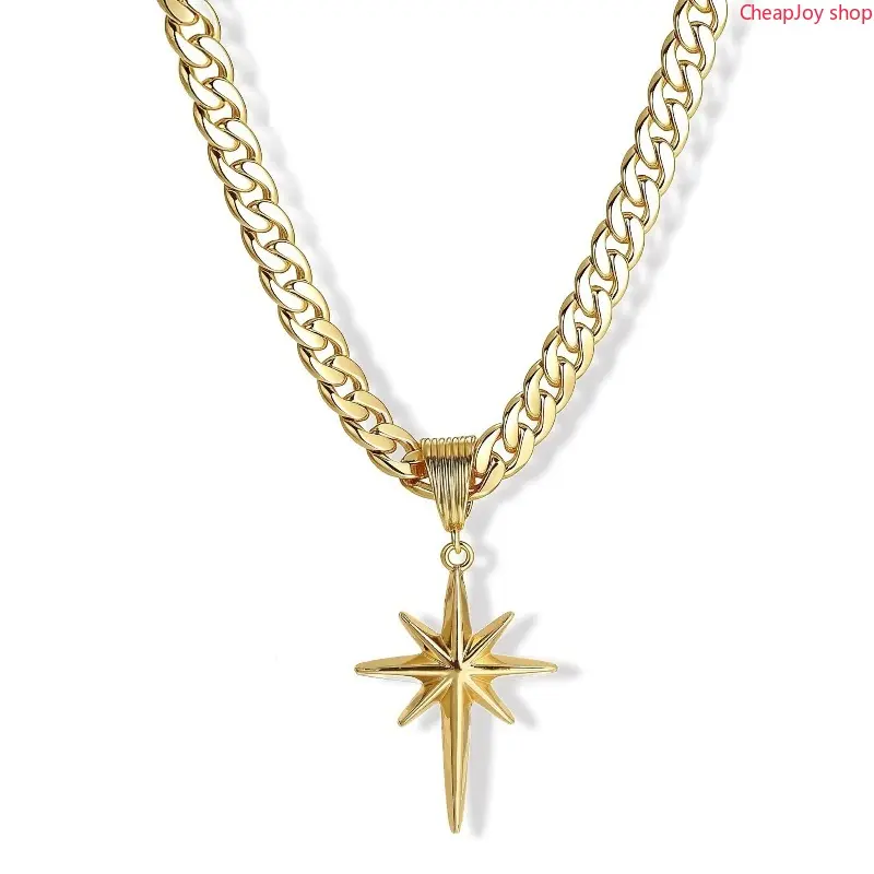 2026 Gold 8mm Women's Flat Cuban Eight-Pointed Star Pendant Birthday Gifts Anniversary Gifts Jewelry for Women Girls Mother's Day Gift