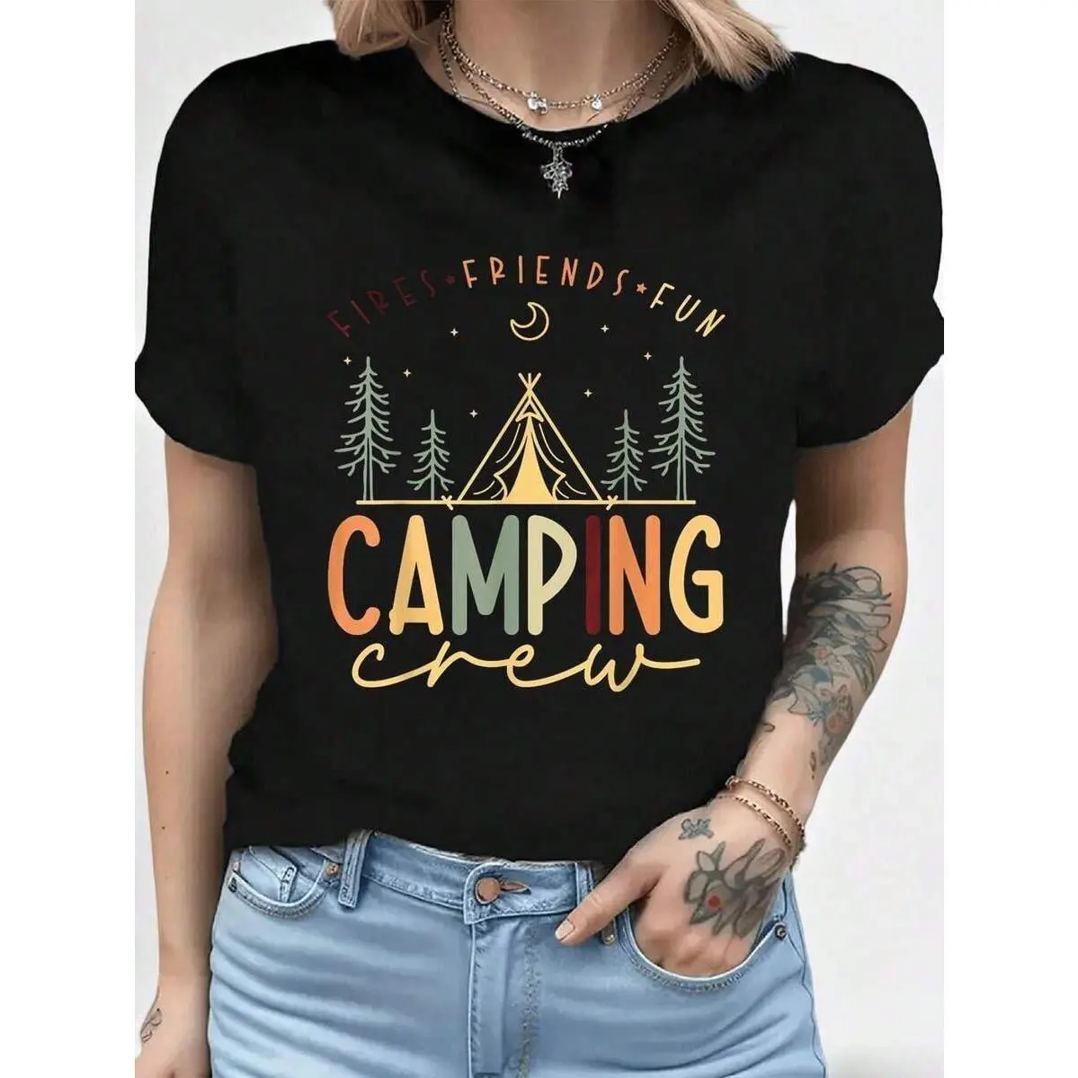 Summer Clothes, Camping Matching Shirts For Family Camper Group Camping Crew T-Shirt, Summer Outfits For Women,Black Tops