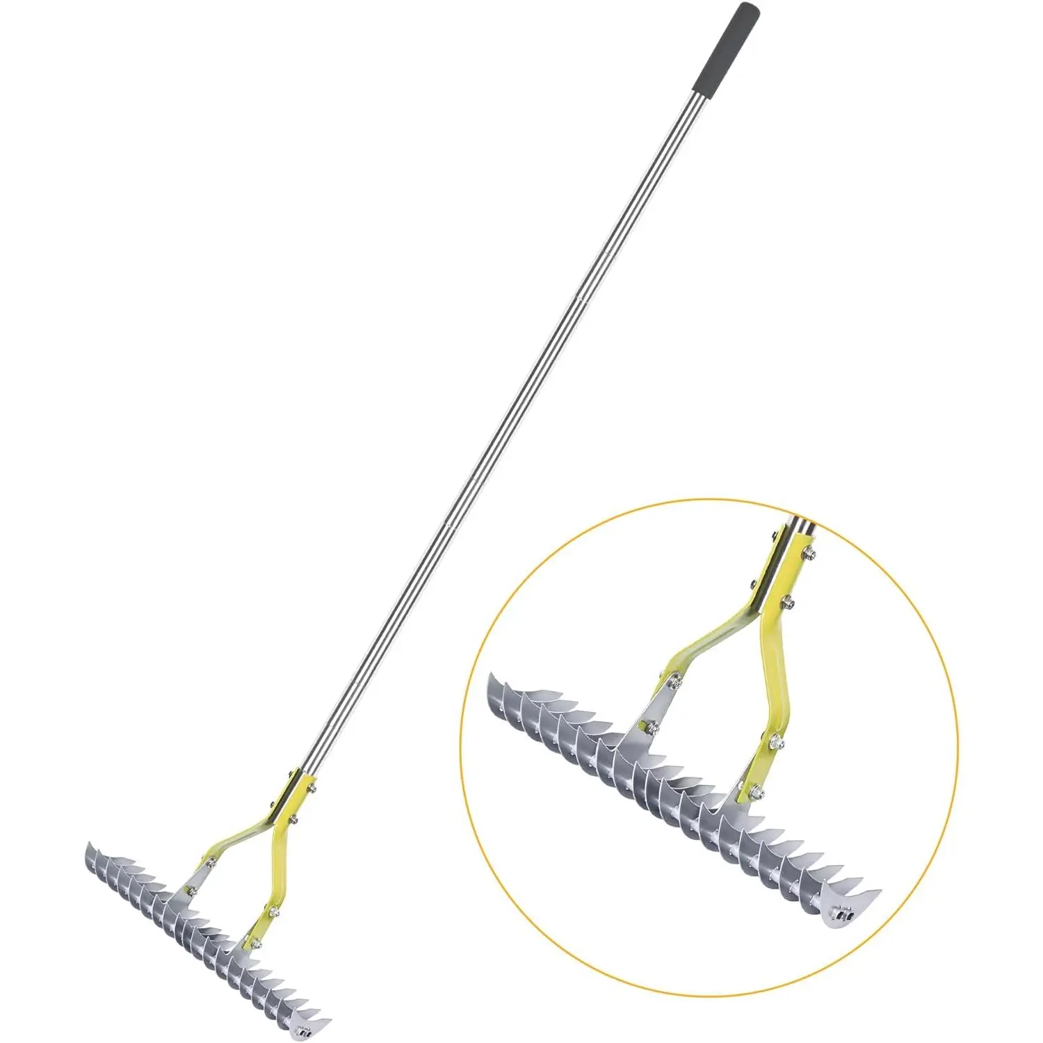 Thatch Rake Dethatcher - 15-Inch Wide Lawn Rake for  Grass Removal, Stainless Steel Adjustable Handle Garden Rake for Soil Loosening, Aeration & Thatching, 58.5-Inch Length