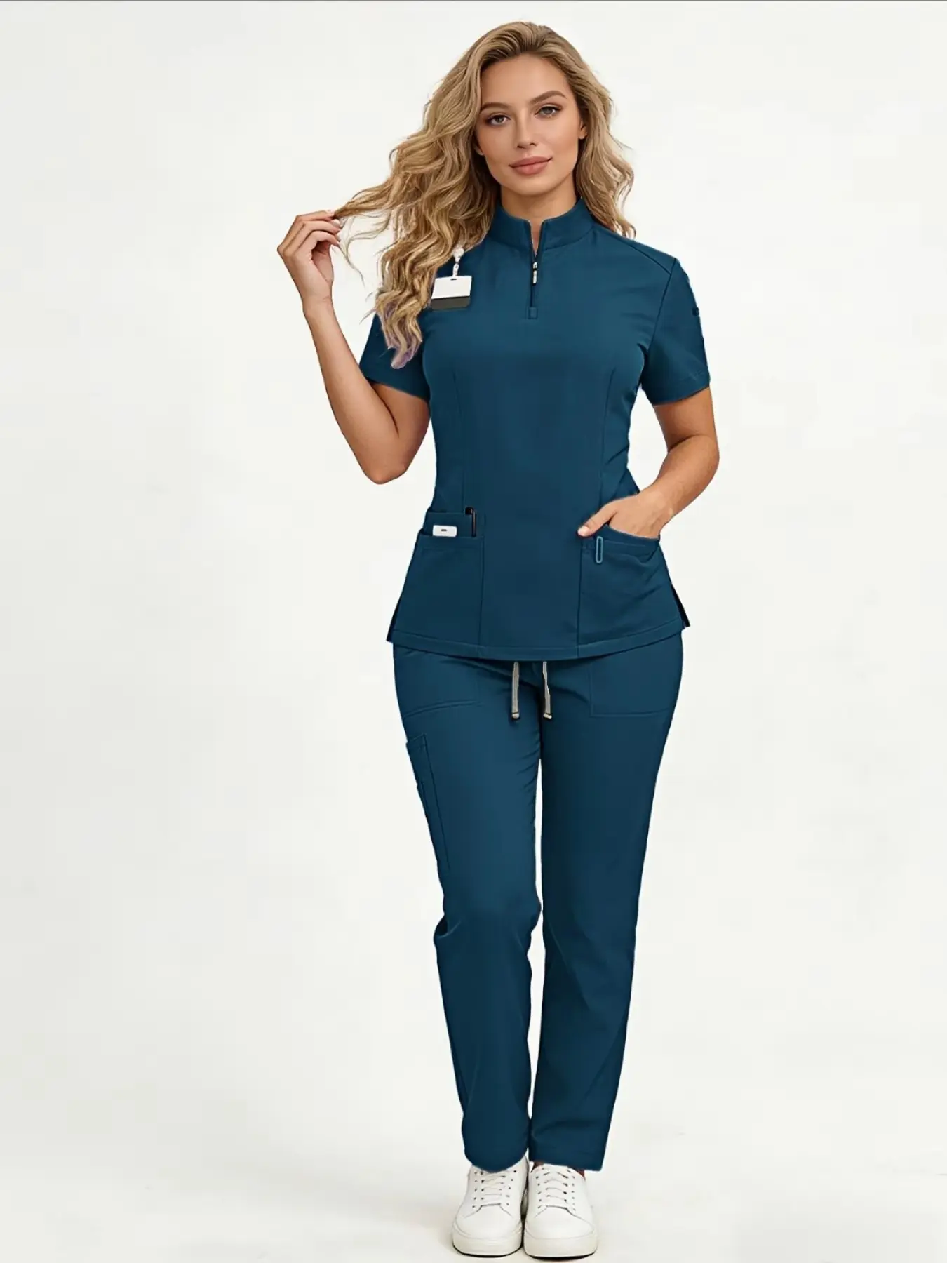 1 Set Breathable Multi-Pocket Scrubs, Solid ColorWomen's Casual Scrub Set, Short Sleeve Tunic & Pants with Pockets, Mandarin Collar, All-Season Comfort, Casual Workwear for Nurses, Dental & Professionals, Nurse Scrub Set