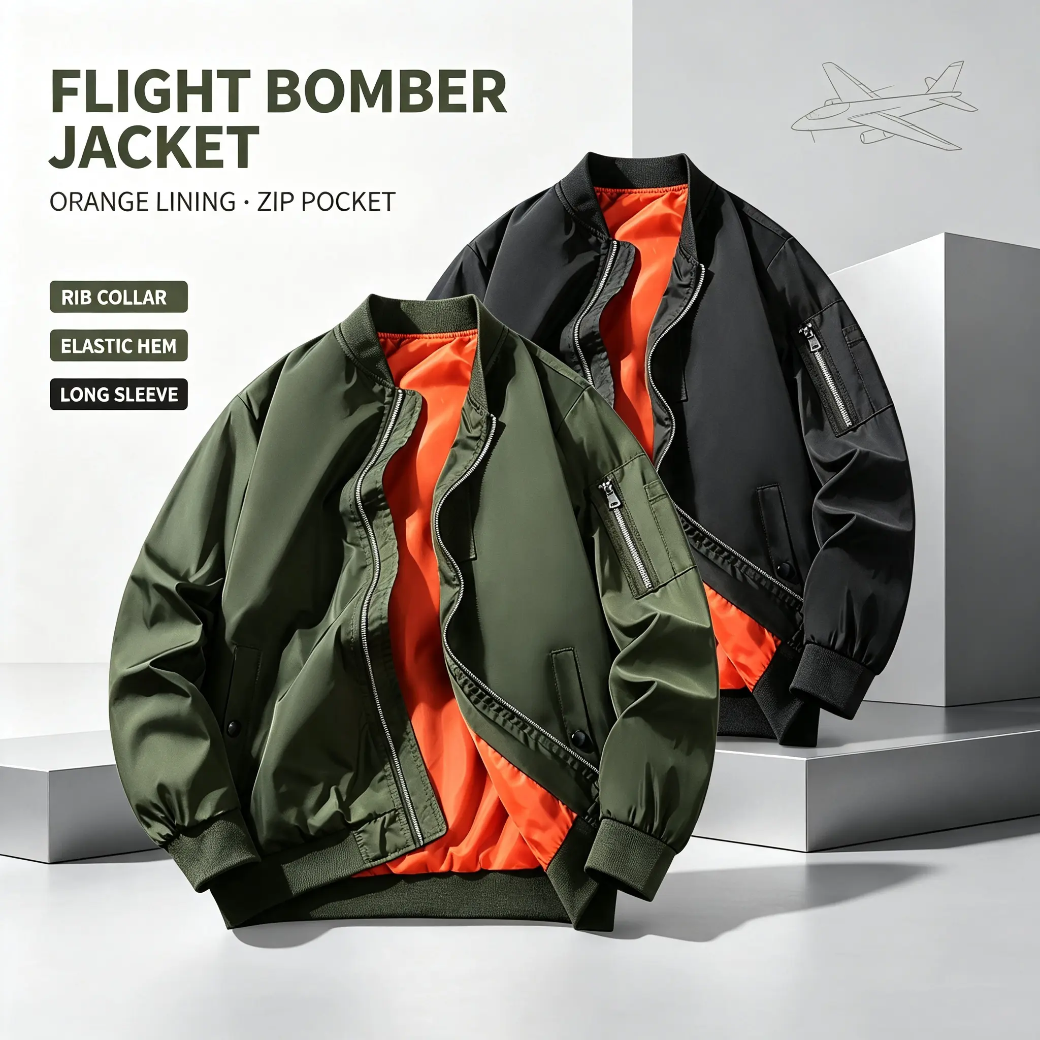 Classic Military Bomber Coat Men Arm Zipper Pocket Wind Resistant Casual Zip Jacket
