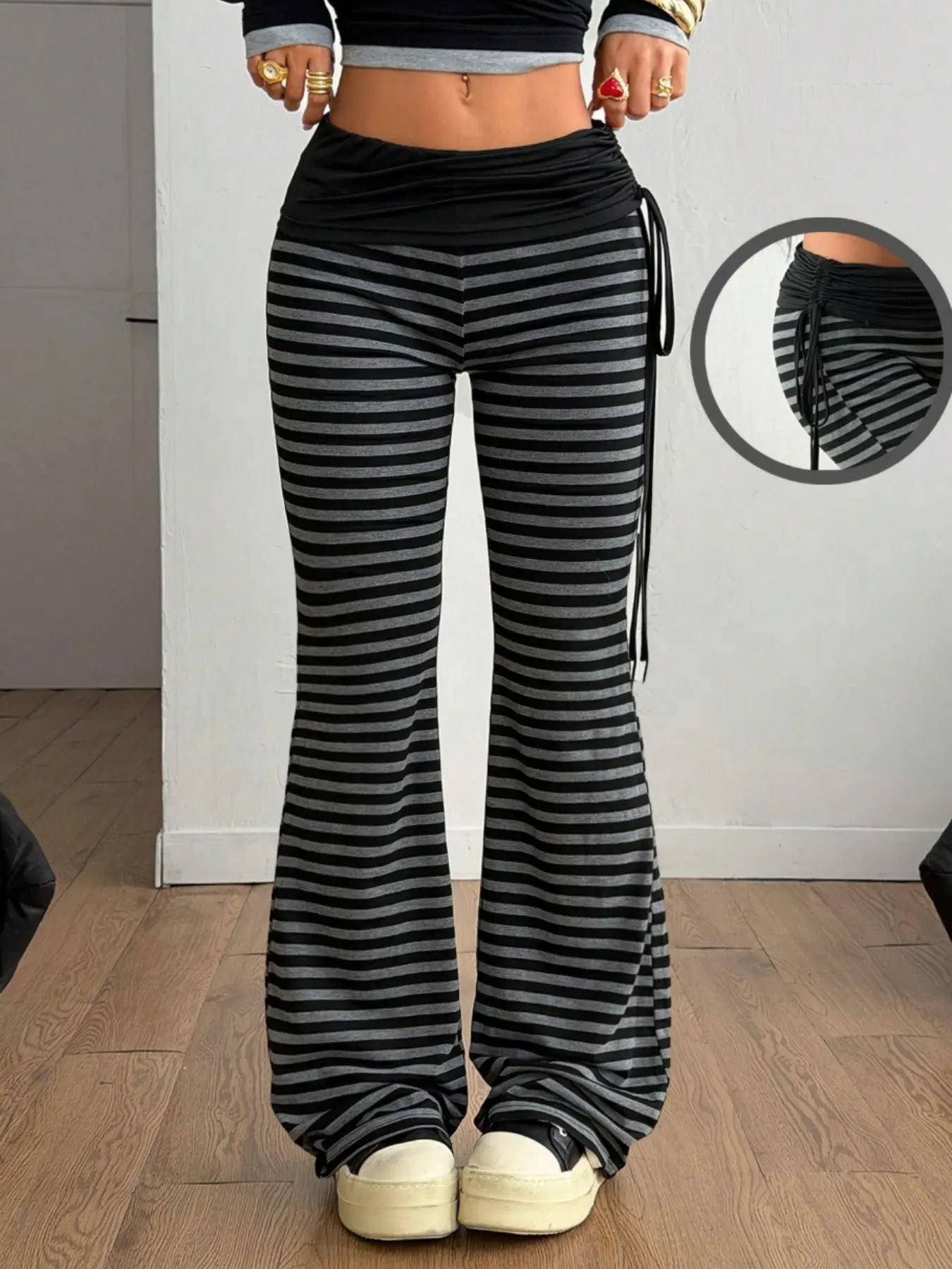 Women's Fall/winter Retro Street Style Bell Bottomed Pants, Vintage Side Drawstring Striped Design, Fashionable Casual Wear